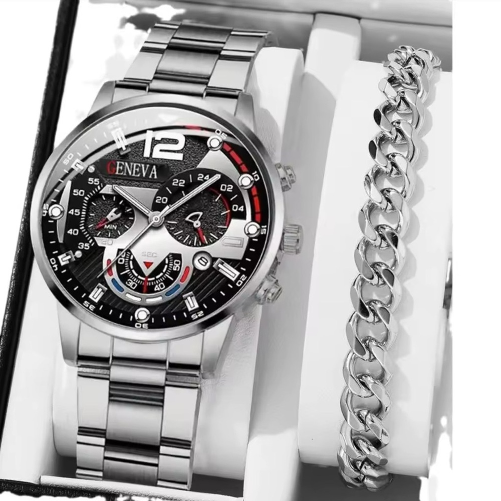 2pcs Luxury Black Quartz Watch & Bracelet  For Men Round Calendar Watch Set New